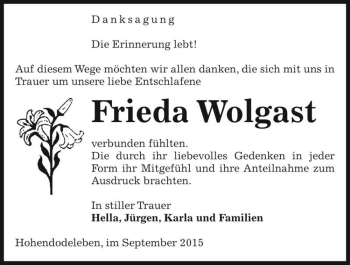 Traueranzeige von Frieda Wolgast  von Magdeburger Volksstimme