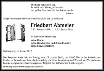 Traueranzeige von Friedbert Abmeier  von Magdeburger Volksstimme