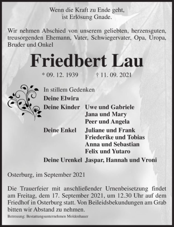 Traueranzeige von Friedbert Lau  von Magdeburger Volksstimme