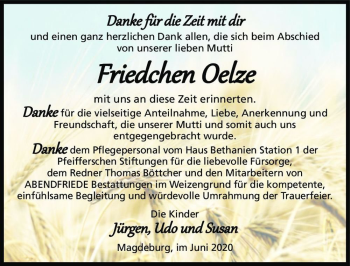Traueranzeige von Friedchen Oelze  von Magdeburger Volksstimme