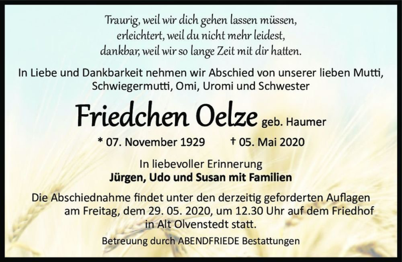  Traueranzeige für Friedchen Oelze (geb. Haumer)  vom 23.05.2020 aus Magdeburger Volksstimme