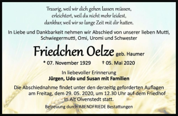 Traueranzeige von Friedchen Oelze (geb. Haumer)  von Magdeburger Volksstimme