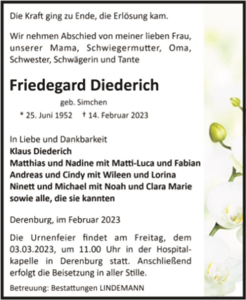 Traueranzeige von Friedegard Diederich (geb. Simchen)  von Magdeburger Volksstimme