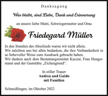 Traueranzeige von Friedegard Müller  von Magdeburger Volksstimme