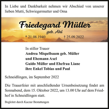 Traueranzeige von Friedegard Müller (geb. Ahl)  von Magdeburger Volksstimme