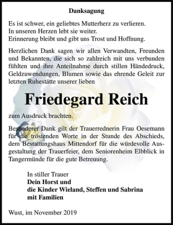 Traueranzeige von Friedegard Reich  von Magdeburger Volksstimme
