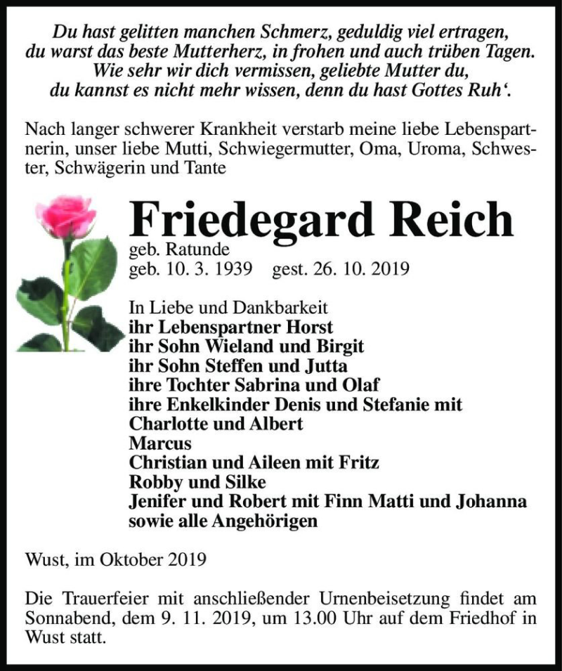  Traueranzeige für Friedegard Reich (geb. Ratunde)  vom 02.11.2019 aus Magdeburger Volksstimme