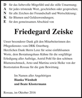 Traueranzeige von Friedegard Zeiske  von Magdeburger Volksstimme