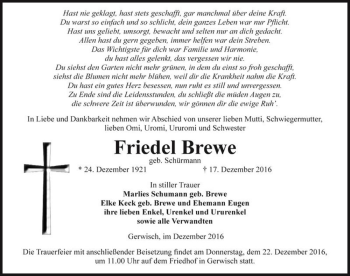 Traueranzeige von Friedel Brewe (geb. Schürmann)  von Magdeburger Volksstimme
