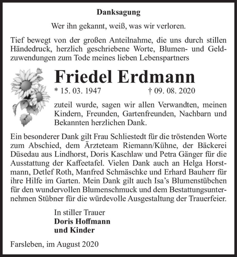  Traueranzeige für Friedel Erdmann  vom 05.09.2020 aus Magdeburger Volksstimme