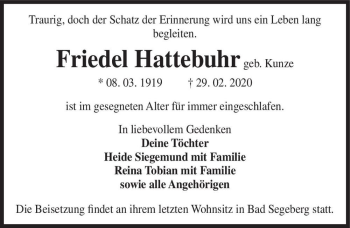 Traueranzeige von Friedel Hattebuhr (geb. Kunze)  von Magdeburger Volksstimme