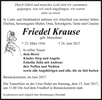 Traueranzeige von Friedel Krause (geb. Marschner)  von Magdeburger Volksstimme
