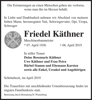 Traueranzeige von Friedel Käthner  von Magdeburger Volksstimme