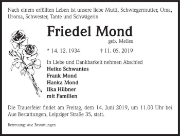 Traueranzeige von Friedel Mond (geb. Melles)  von Magdeburger Volksstimme