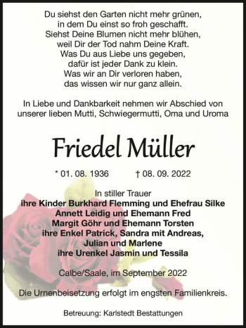 Traueranzeige von Friedel Müller  von Magdeburger Volksstimme