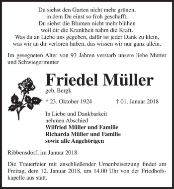 Traueranzeige von Friedel Müller(geb. Bergk)  von Magdeburger Volksstimme