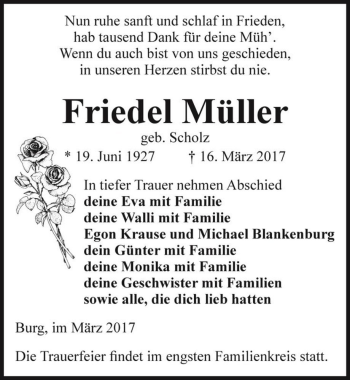 Traueranzeige von Friedel Müller (geb. Scholz)  von Magdeburger Volksstimme