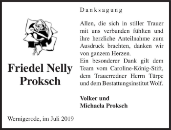 Traueranzeige von Friedel Nelly Proksch  von Magdeburger Volksstimme
