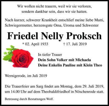 Traueranzeige von Friedel Nelly Proksch  von Magdeburger Volksstimme