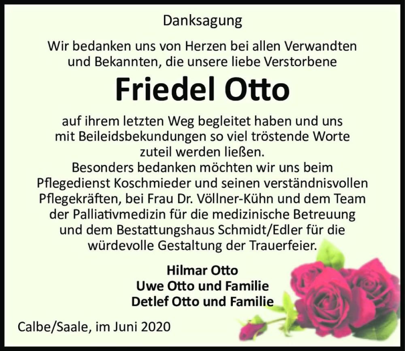  Traueranzeige für Friedel Otto  vom 20.06.2020 aus Magdeburger Volksstimme