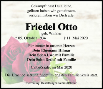 Traueranzeige von Friedel Otto (geb. Winkler)  von Magdeburger Volksstimme