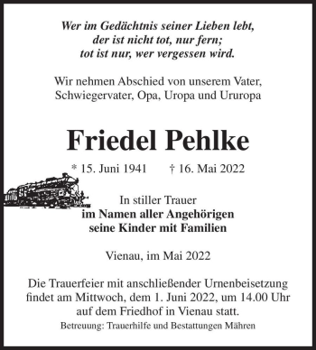 Traueranzeige von Friedel Pehlke  von Magdeburger Volksstimme