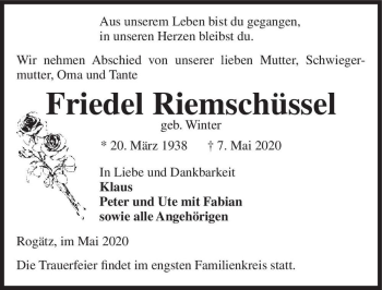 Traueranzeige von Friedel Riemschüssel (geb. Winter)  von Magdeburger Volksstimme