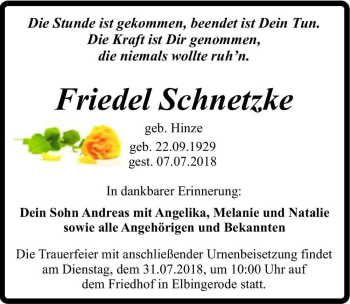 Traueranzeige von Friedel Schnetzke (geb. Hinze)  von Magdeburger Volksstimme