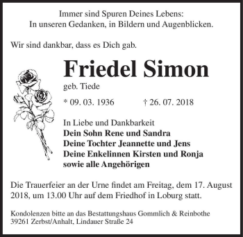 Traueranzeige von Friedel Simon (geb. Tiede)  von Magdeburger Volksstimme