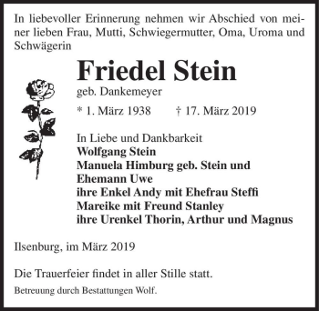 Traueranzeige von Friedel Stein (geb. Dankemeyer)  von Magdeburger Volksstimme