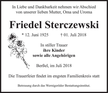 Traueranzeige von Friedel Sterczewski  von Magdeburger Volksstimme