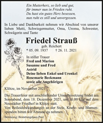 Traueranzeige von Friedel Strauß (geb. Reichert)  von Magdeburger Volksstimme