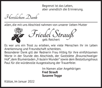 Traueranzeige von Friedel Strauß (geb. Reichert)  von Magdeburger Volksstimme