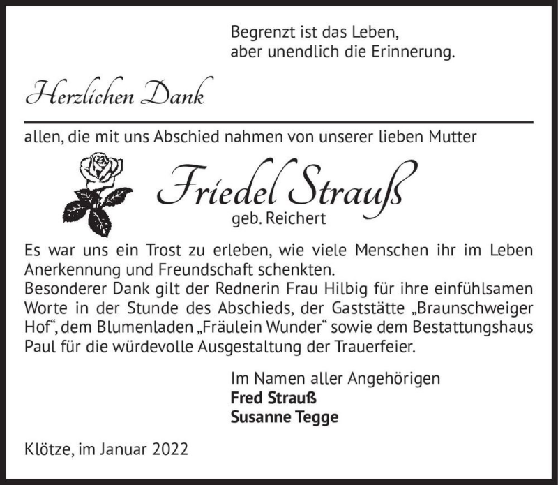  Traueranzeige für Friedel Strauß (geb. Reichert)  vom 13.01.2022 aus Magdeburger Volksstimme