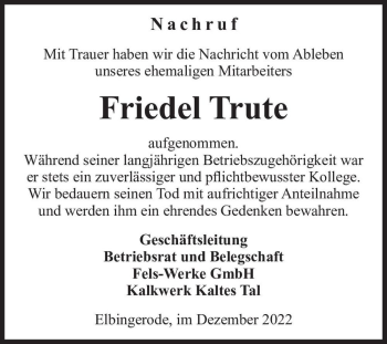 Traueranzeige von Friedel Trute  von Magdeburger Volksstimme