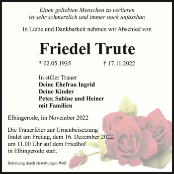 Traueranzeige von Friedel Trute  von Magdeburger Volksstimme