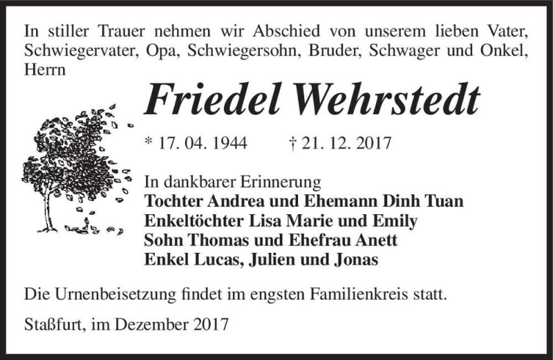  Traueranzeige für Friedel Wehrstedt  vom 30.12.2017 aus Magdeburger Volksstimme