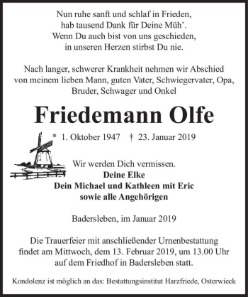 Traueranzeige von Friedemann Olfe  von Magdeburger Volksstimme