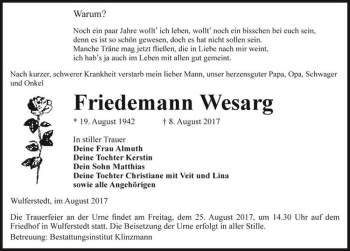 Traueranzeige von Friedemann Wesarg  von Magdeburger Volksstimme