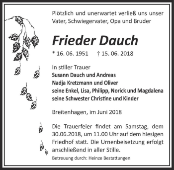 Traueranzeige von Frieder Dauch  von Magdeburger Volksstimme