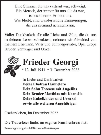 Traueranzeige von Frieder Georgi  von Magdeburger Volksstimme