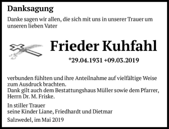 Traueranzeige von Frieder Kuhfahl  von Magdeburger Volksstimme