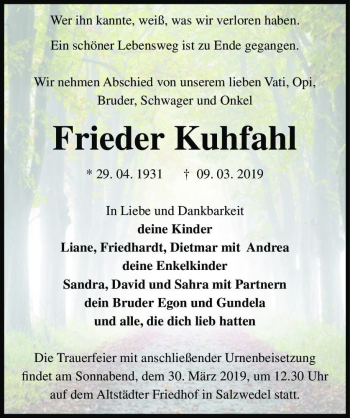 Traueranzeige von Frieder Kuhfahl  von Magdeburger Volksstimme