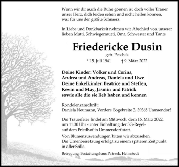 Traueranzeige von Friedericke Dusin (geb. Peschek)  von Magdeburger Volksstimme