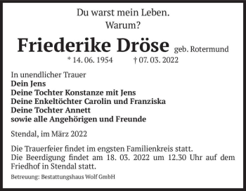 Traueranzeige von Friederike Dröse (geb. Rotermund)  von Magdeburger Volksstimme