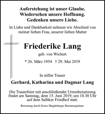 Traueranzeige von Friederike Lang (geb. von Wichert)  von Magdeburger Volksstimme