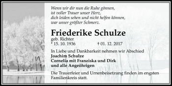 Traueranzeige von Friederike Schulze (geb. Richter)  von Magdeburger Volksstimme