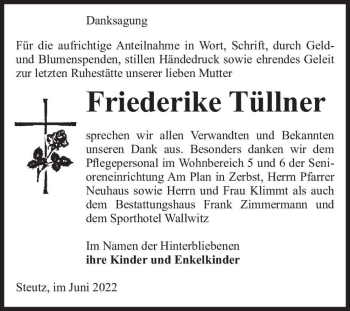 Traueranzeige von Friederike Tüllner  von Magdeburger Volksstimme