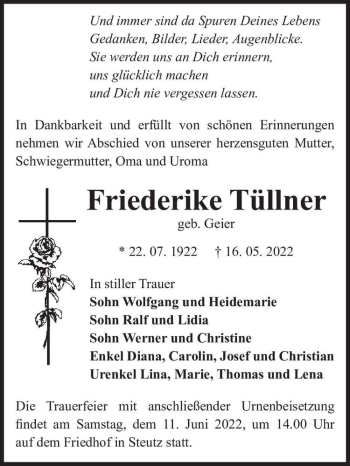 Traueranzeige von Friederike Tüllner (geb. Geier)  von Magdeburger Volksstimme