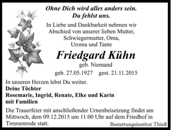 Traueranzeige von Friedgard Kühn (geb. Niemand)  von Magdeburger Volksstimme